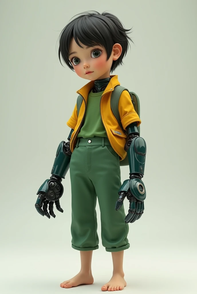 Short girl, blind with grey eyes, short hair, with giant robotic gloves with sonar, green and yellow clothes, Long pants, barefoot,
