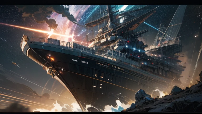 {Comic book cover, Dynamic scene with futuristic spaceship in anime style, Ride through space with a starry sky and distant nebulae as your backdrop. The ship’s design echoes the classic aesthetic of Star Wars, Sophisticated lines, shining engine, Advanced Technology. The ship is depicted sailing at high speed., A trail of energy and bright light illuminates the path.. The overall atmosphere is full of adventure and excitement., Capture the essence of epic space battles, Art Style: Sci-fi influenced anime, Art inspiration: Star Wars, Thick ink lines, Vibrant colors, Cinema Lighting, Wide-angle shot, Very detailed, Spectacular Perspective}
