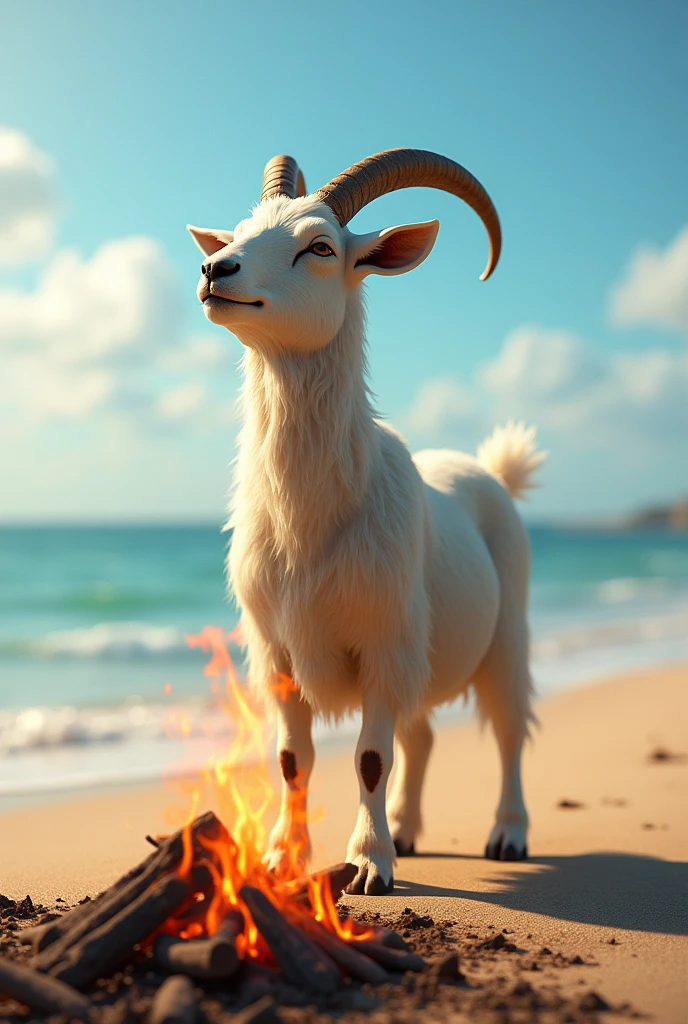goat cries by the fire, on the beach, Day