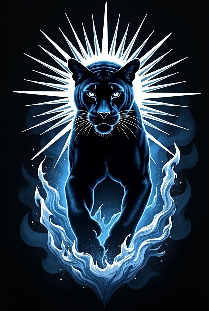 Black interclass shirt, with white rays, a dark blue fire, a panther