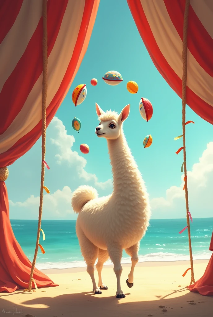 Un lama qui jongle sous un chapiteau de cirque au bord de la mer.