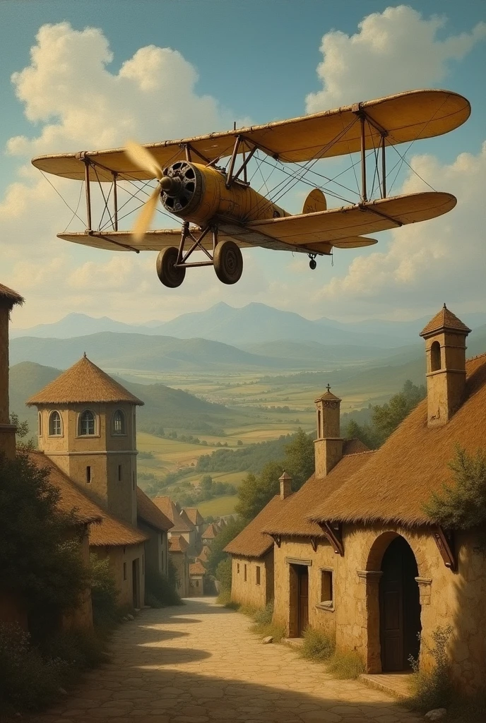 Create a painting depicting an old airplane with its propeller spinning (pretending he was raised in the 15th century, Let&#39;s pretend we&#39;re in the 15th century at the time of Leonardo da Vinci), and with an ancient village as a backdrop