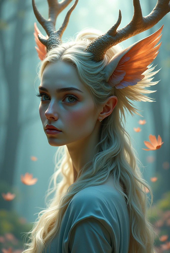 girl with feathers that grow from her head instead of hair, deer ears