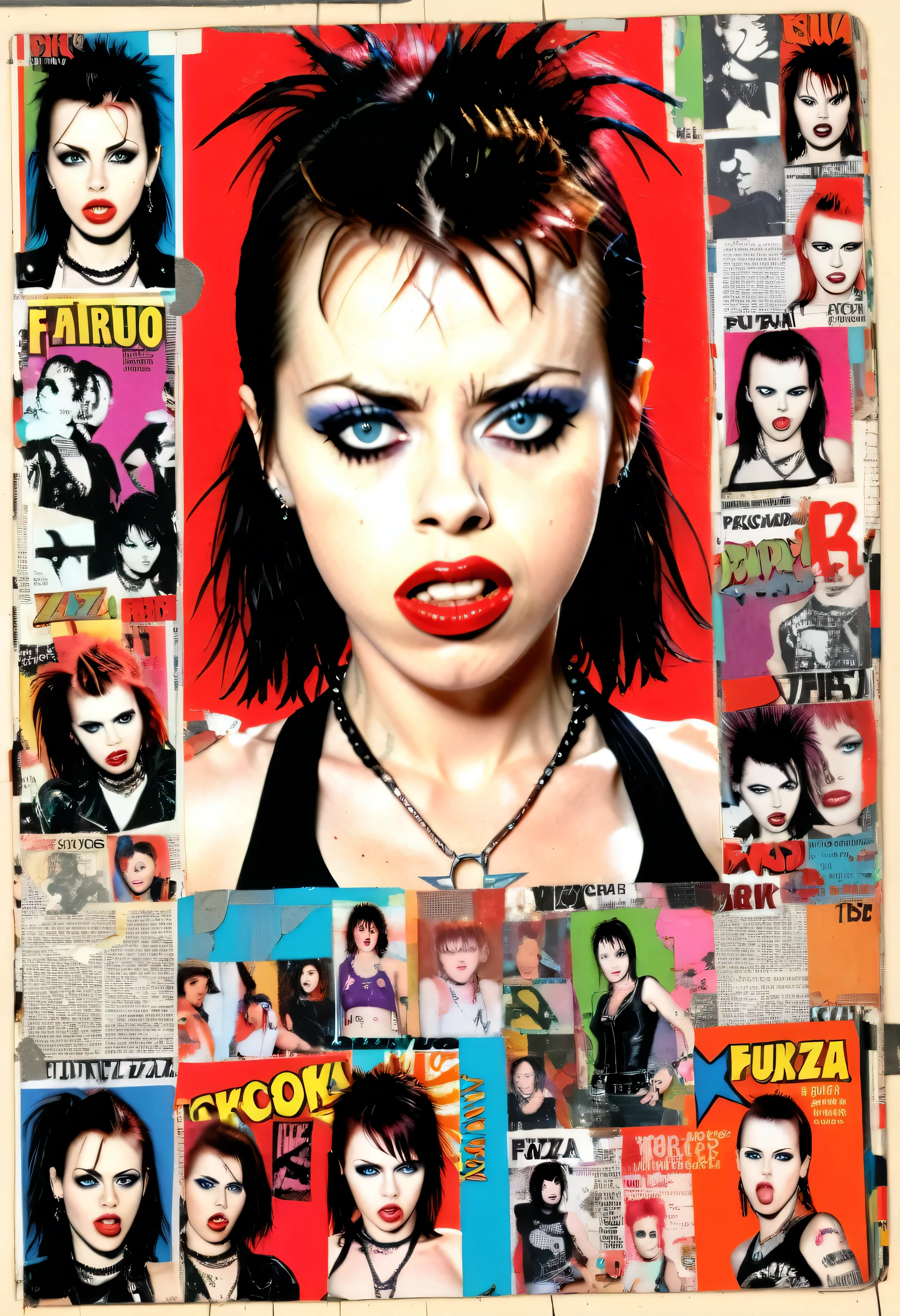 fairuza balk Punk Collage 1980's rockstar comic book collage on a journal page colorful RGB colors scrap book high saturation