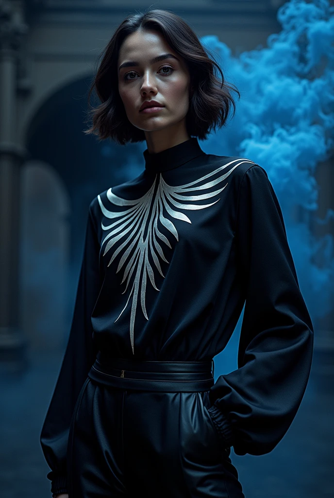 Black interclass blouse, with white rays, a dark blue fire, a panther