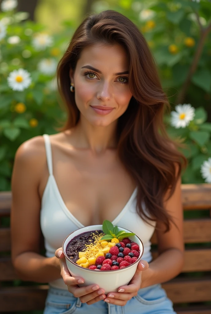 Realistic Brazilian woman aged 25 to 35, in park, salmonete, chestnut hair, brown eye eating acai in the park, ultra HD, high qualiy, best qualityer, high resolution, 8k, 16K