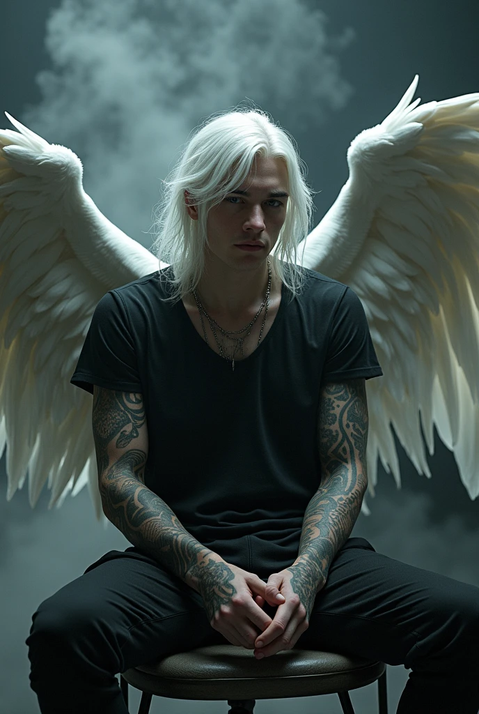 Man white hair perfect body setting on the chair and have tattoos with black t-shirt and necklace like a fairy face smooth skin pink lips and dark smoke background and have a big wings of an angel at the back