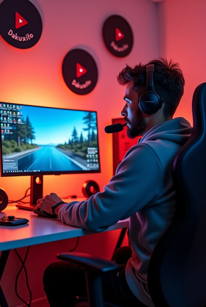 Youtuber recording video games and behind him there are youtube badges with the name dakuxito