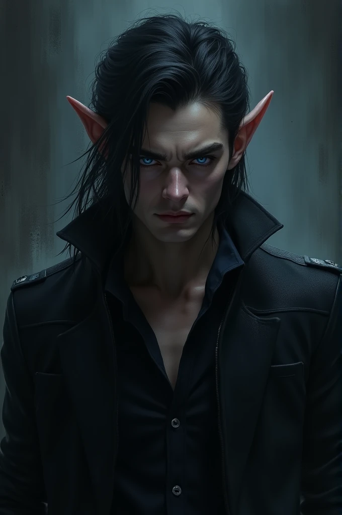 A dark-haired man with blue eyes in a black shirt and jacket, with pointy ears and a villainous vibe