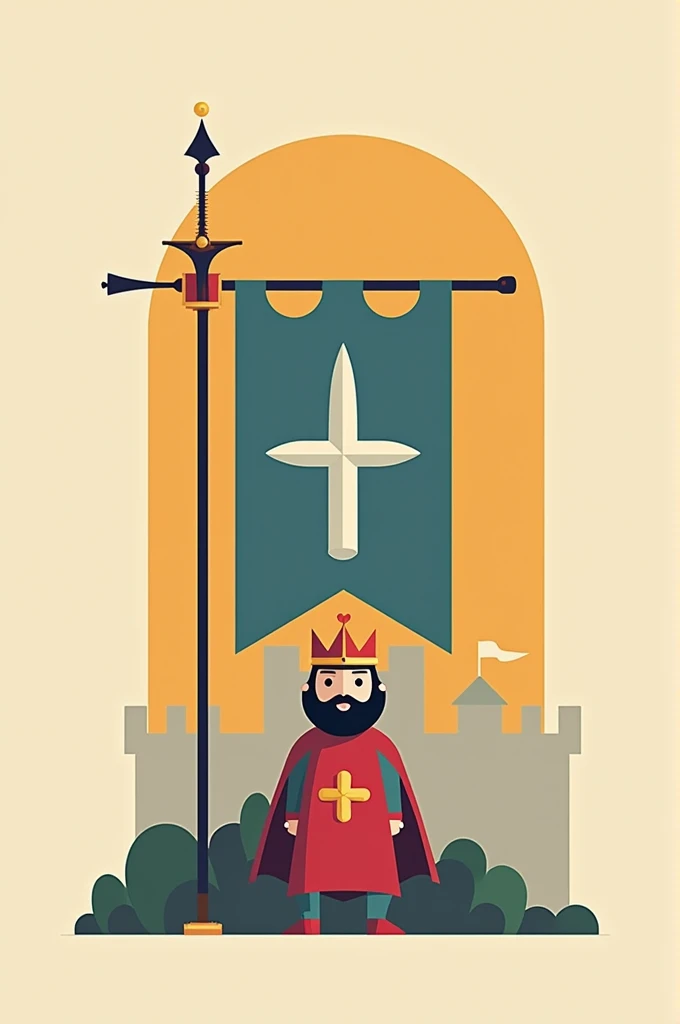 Minimalist style cartoon flag of a king ,sword,castillo ,King Solomon's Star ,corona