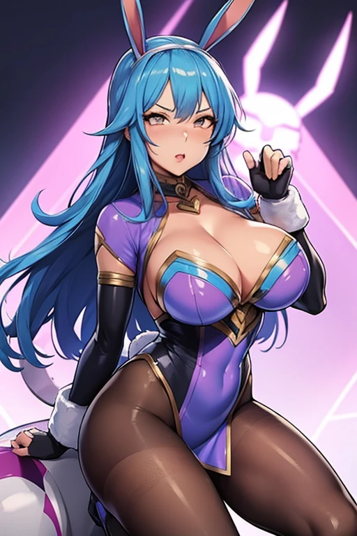 Woman in her 20s、Female Superheroes、Super big breasts、stylish、Plump legs、Blue Hair、Long Hair、Wrap around your neck、Long sideburns、Bunny Girl Style Hero Costume、With chest light、High Leg、Helmet、Mecha rabbit ears、tights、Lace-up boots、Finger-Through Gloves、Fighting Pose、