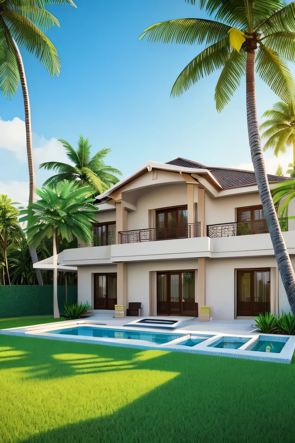 realittic photo of loand A new mordel home begin built, with green grass in the with coconet tress, and mangoes tree, with palm tress