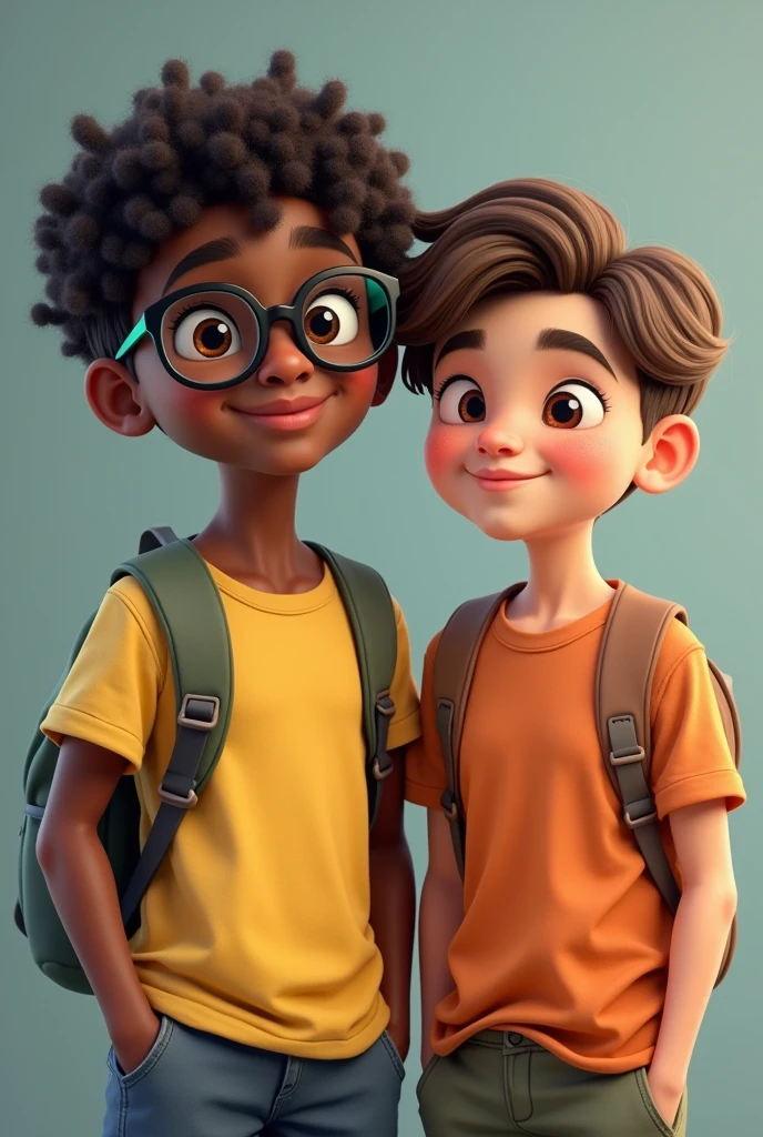 15 year old boy, dark brown skin, Large black lenses with green details, slightly fat but healthy, dark brown hair with curls, brown eye pupil. Standing next to a light-skinned boy of short stature compared to him.