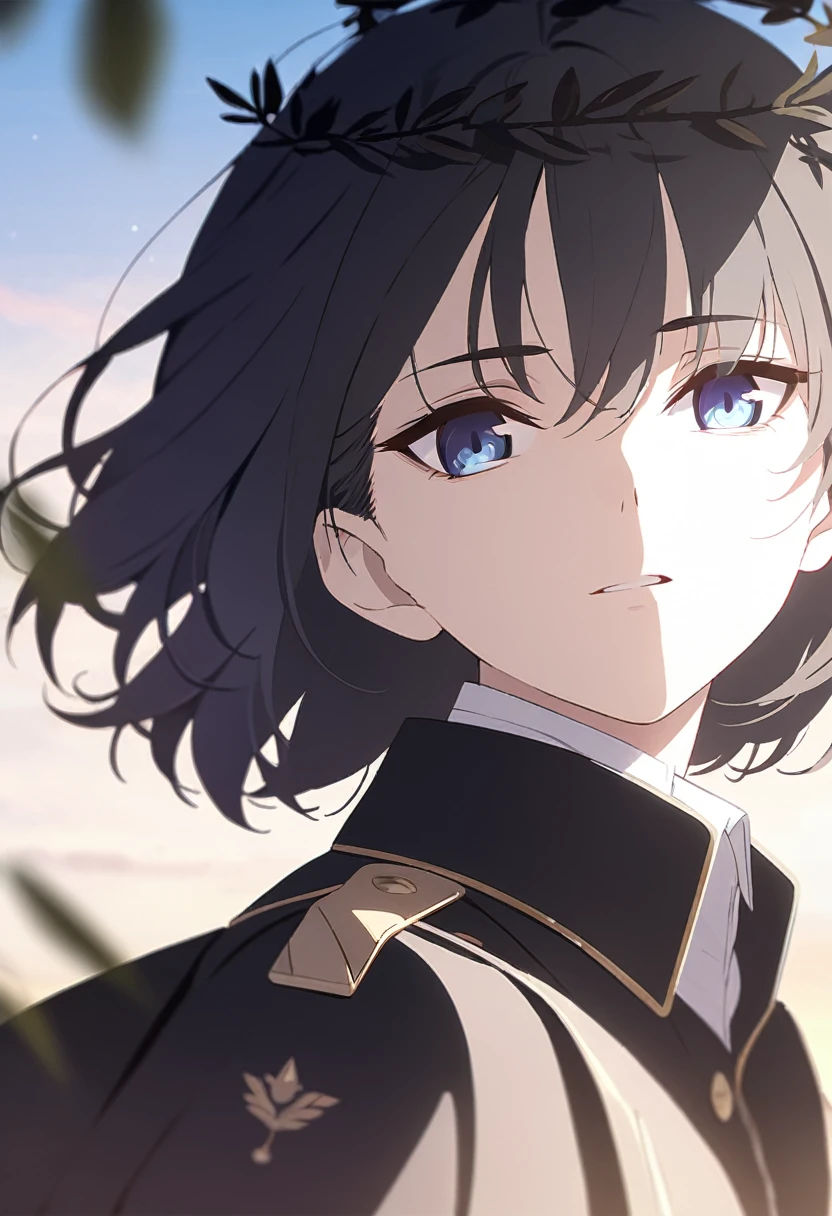 masterpiece,best quality,depth of field,8k,Looking at the viewer,man,black hair,Blue Eyes,(charismatic eyes 1:1),chic,alone,Has dark circles under their eyes,looking straight ahead,Black jacket over a white t-shirt,A black laurel wreath floating in the air above the head,adult