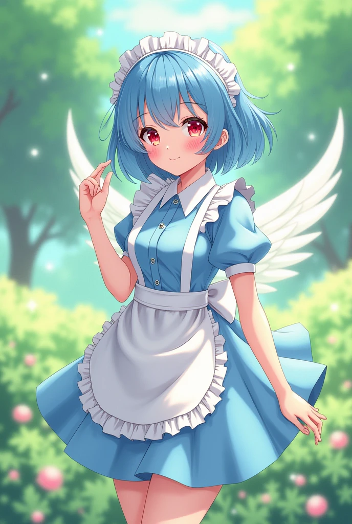 Maid cafe maid with short blue hair, Red eyes, a sensual and happy expression, age range between 18 and 26 years, with angel wings, anime style completely in 2D, with pastel colors, with a completely flat and green background
