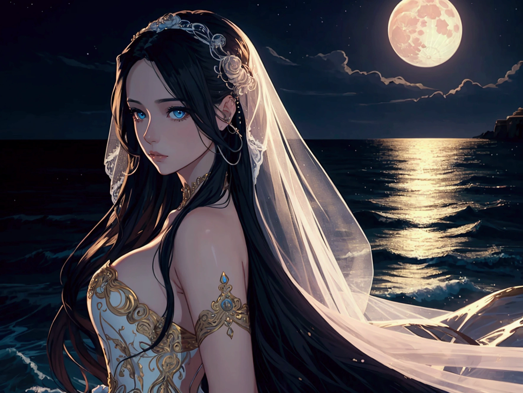 beautiful woman in front of the sea, beautiful moon, long flowing hair, piercing eyes, dramatic lighting, ornate dress, bridal gown, gorgeous background, digitl art, cinematographic, hyperdetailed, 8k, photorrealistic