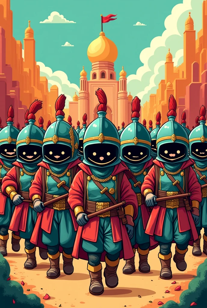 large Persian army; childish cartoon style; black contour lines.