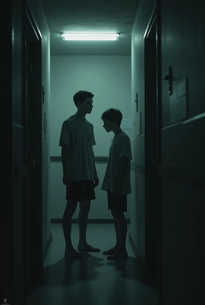 2 boys or shadows in a room at an addiction rehabilitation center (dismal)