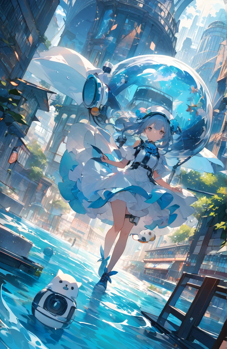 ((Amazingly absurd)),超High resolution, Attention to detail, high quality, High resolution, 最high quality, 4K, 8k、The protagonist is、A girl with a normal human appearance. Ocean city architecture、Design inspired by marine life forms. The girl is equipped with special breathing apparatus and underwater propulsion equipment..、Freedom to explore the city. City architecture and facilities、Living things、Everything creates a fantastical atmosphere, like something from another world.. The girl's expression and movements are full of curiosity、I seem to be driven by a thirst for adventure.. The play of light and water currents beneath the surface、Great care has been taken in depicting aquatic life.. whole、Expressing a dreamlike and mysterious worldview