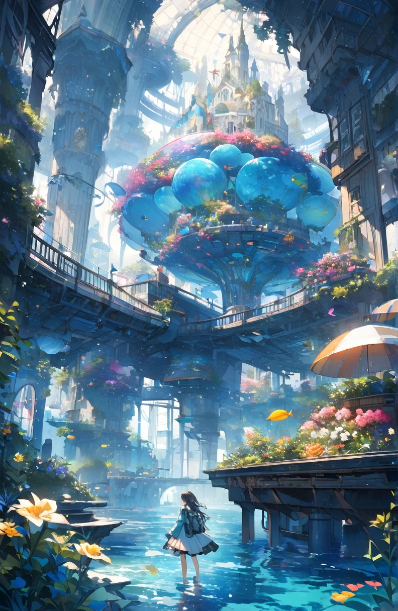 ((Amazingly absurd)),超High resolution, Attention to detail, high quality, High resolution, 最high quality, 4K, 8k、The protagonist is、A girl with a normal human appearance. Ocean city architecture、Design inspired by marine life forms. The girl is equipped with special breathing apparatus and underwater propulsion equipment..、Freedom to explore the city. City architecture and facilities、Living things、Everything creates a fantastical atmosphere, like something from another world.. The girl's expression and movements are full of curiosity、I seem to be driven by a thirst for adventure.. The play of light and water currents beneath the surface、Great care has been taken in depicting aquatic life.. whole、Expressing a dreamlike and mysterious worldview