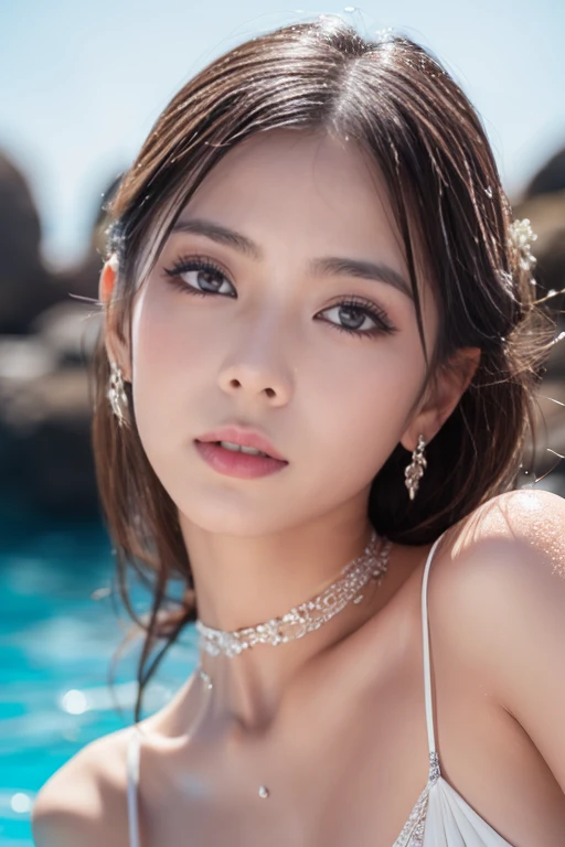 a beautiful woman, extremely detailed wet sexy lips, high quality, photorealistic, 8k, professional photography, luxury makeup, flawless skin, elegant sexually expression, intricate details, delicate features, extreame small and thin white swimware