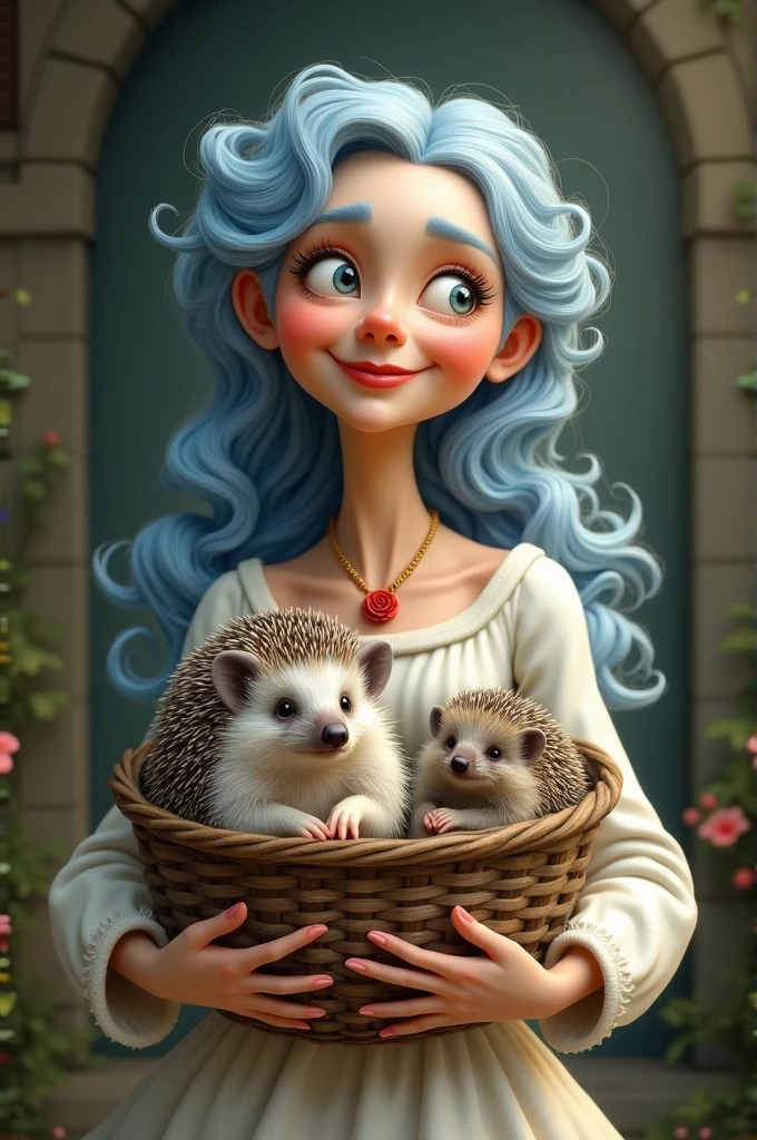 Old woman with curly blue hair
With an old basket with an old hedgehog in it and a smile on the old woman's face, with a white princess dress and a gold necklace with a red rose on it.