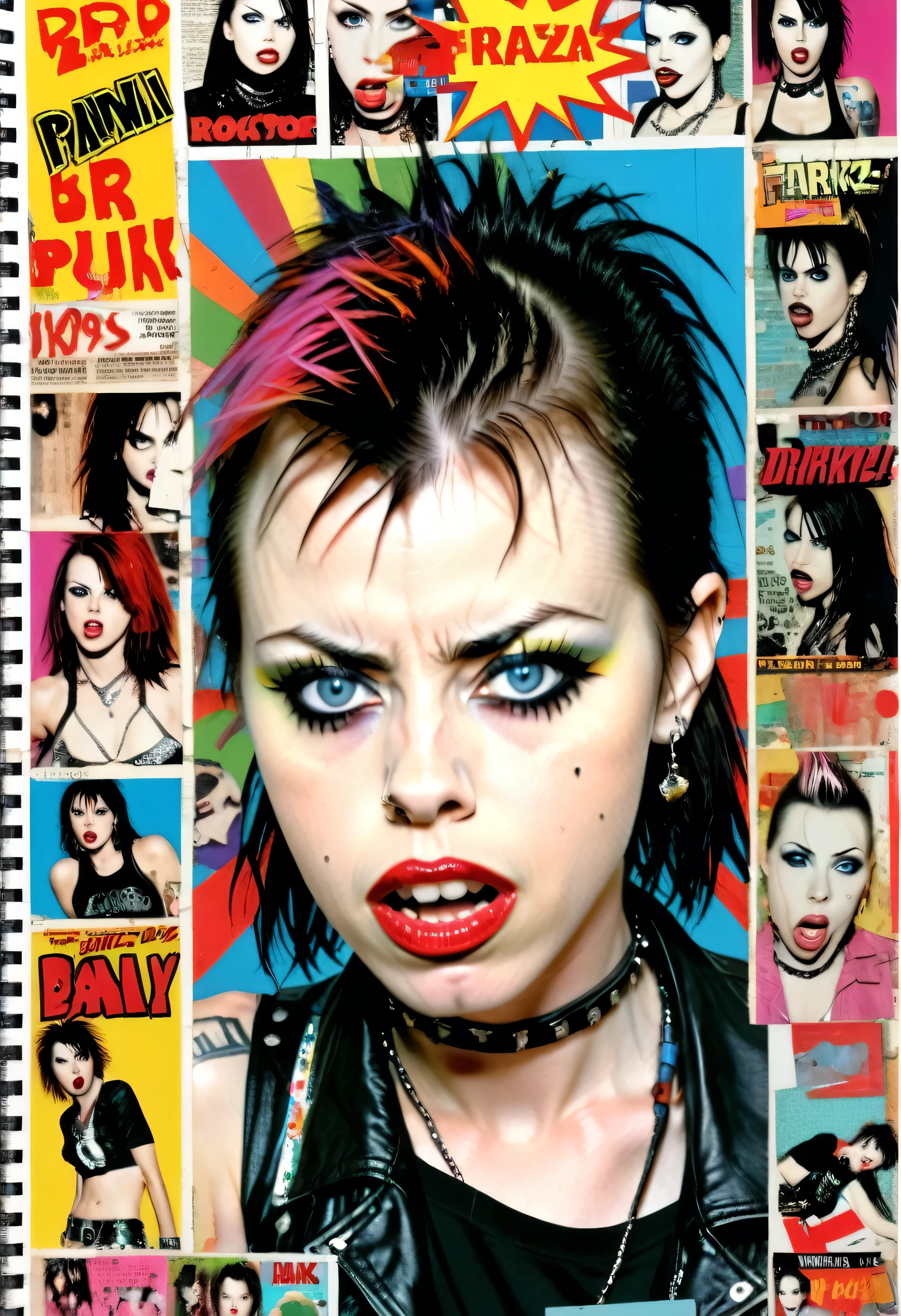 fairuza balk Punk Collage 1980's rockstar comic book collage on a journal page colorful RGB colors scrap book high saturation