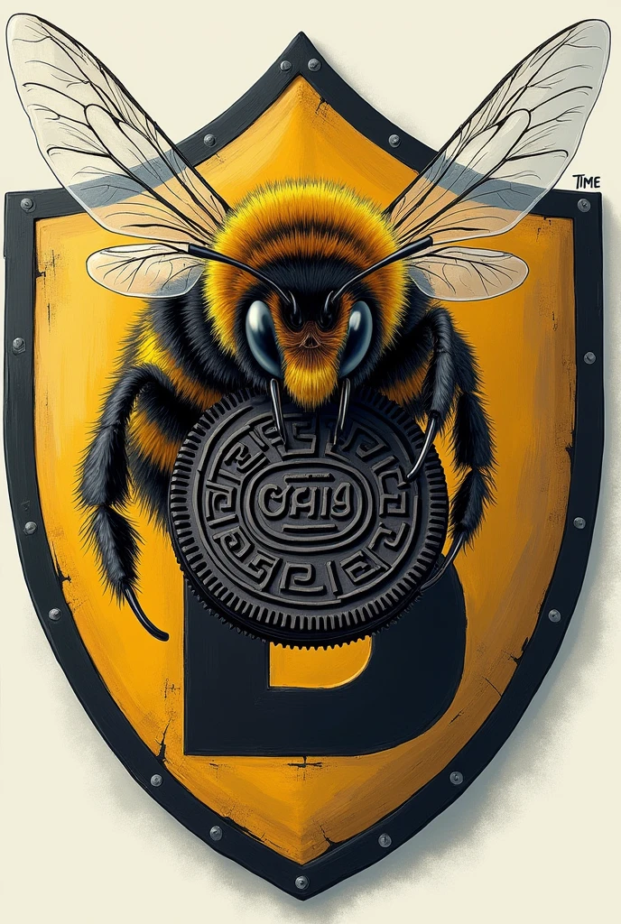 A football shield containing the word BUMBLEBEES, And have a bee with an oreo cookie