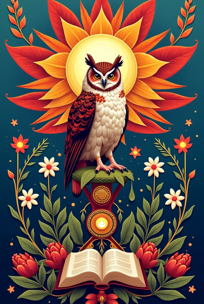 Text: “Tavarandu Ara sciences of education and the buo of the faculty of philosophy”.
colors: red, White and blue (traditional colors of Paraguay).
Elements: Traditional Paraguayan symbols and an owl