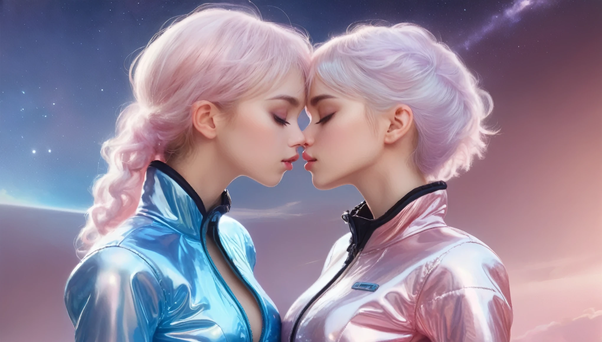 Masterpiece, Best Quality, ((*******r, barely legal, ******)), ((2 cute girls kissing in a light pink blue open shiny puffer with plunging neckline, short sleeves, small perky breasts, extremely detailed face, beautiful detailed closed eyes, beautiful detailed lips, pixie side shaved hair, small hips, in a spaceship, wide view))