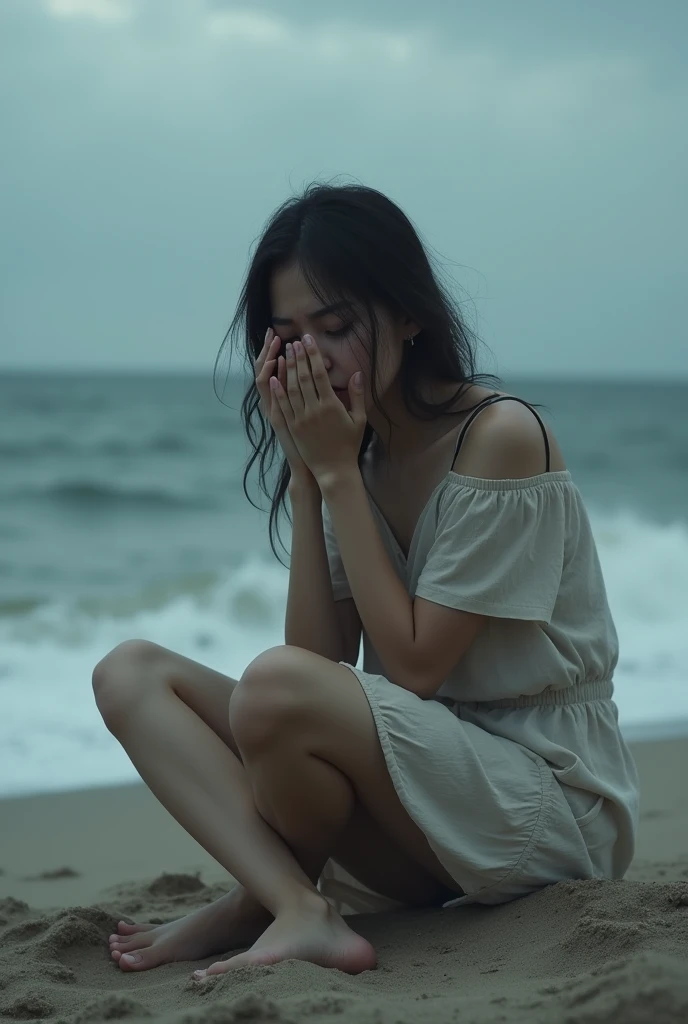 Woman sitting on the beach ,sad crying
