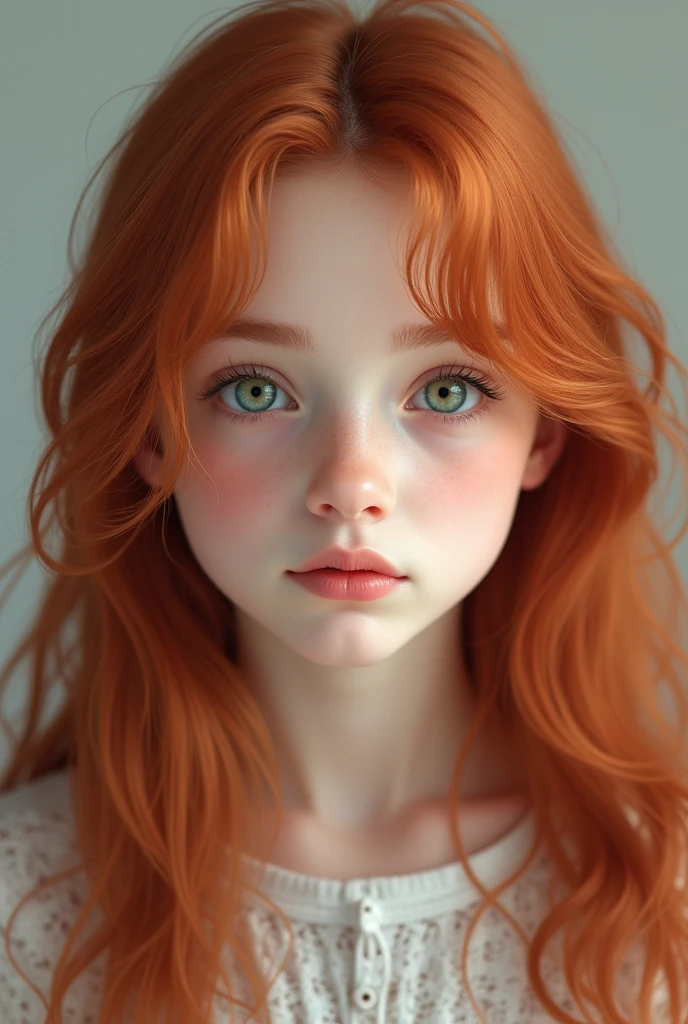 Girl, green eyes, inocent face, cute face, long hair, beautiful, realistic girl, symmetrical face, photorealistic, red-haired girl, cute girl, , kawaii rusian, realistic, oval face, adolescent girl [[realistic]]