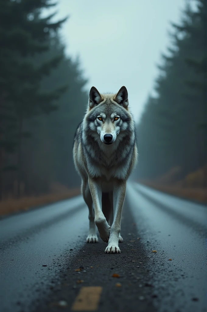 A wolf, walking on its hind legs, standing upright, crossed the road.