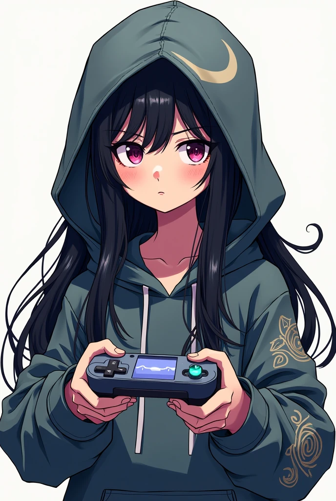 Hoodie girl illustration manga drawing gamer long black hair no headphones with hood