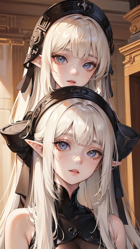 (masterpiece), best quality, expressive eyes, perfect face ,anime elf girl ,with long straight hair with platinum blonde bangs with black highlights at the tips and big brown eyes and very light pale white skin and has freckles on her face and a big ass and big tits and her eyes are tinged with red