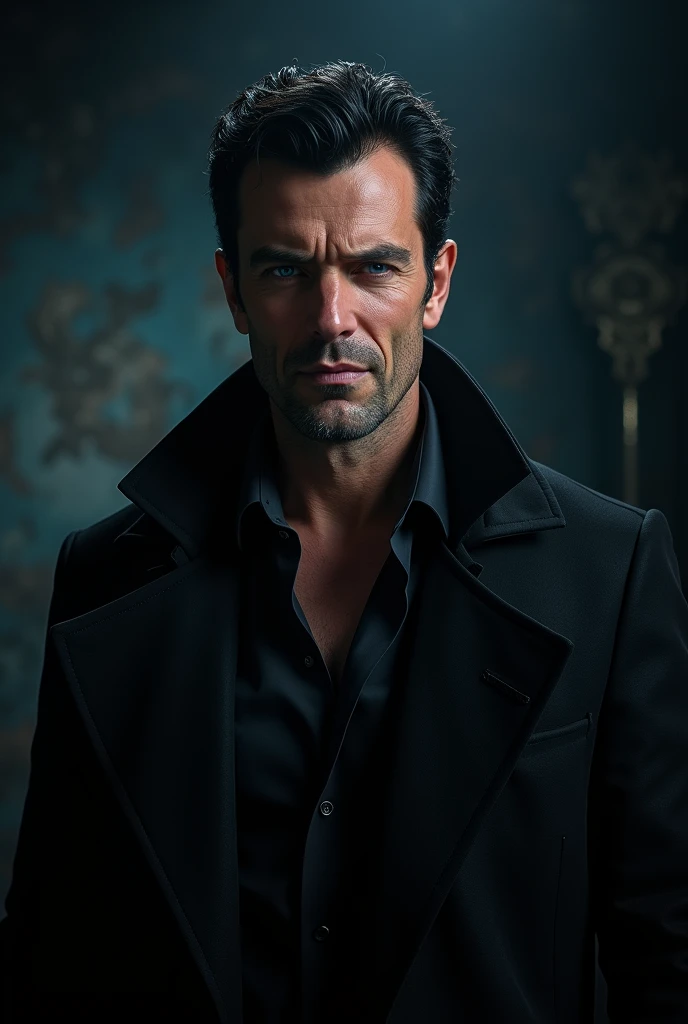 A dark-haired man with blue eyes in a black shirt and jacket, and a villainous vibe with a sarcastic smile 