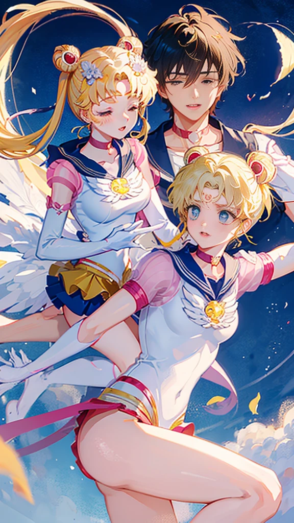 1boy,1girl,princess carry, (boy: carrying girl) BREAK (girl: eternal sailor moon, closed eyes, parted lips, pain, white underwear, big breast, tilt head)