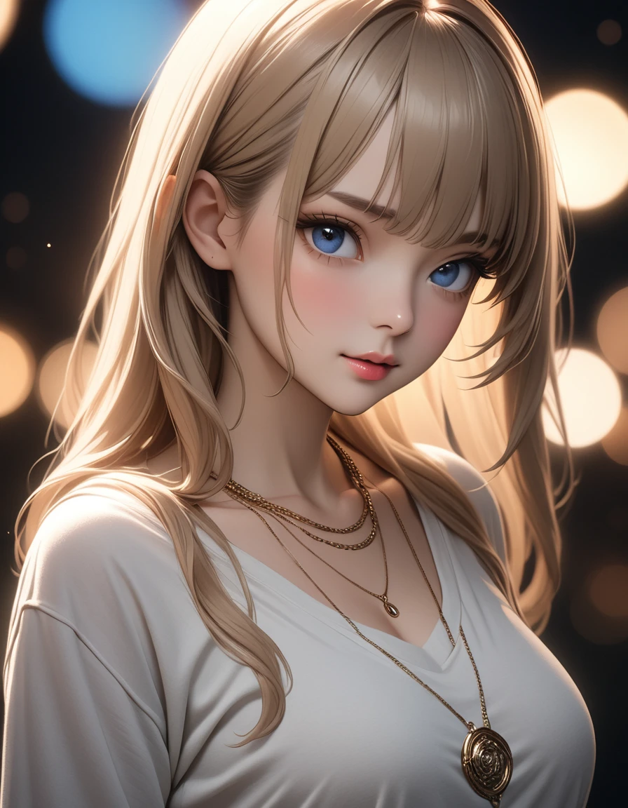 best quality, masterpiece, high resolution, A girl, blonde, Blue eyes, fashion clothing, necklace, jewelry, Pretty Face, Perfect breasts, more than_Body, Tyndall effect, lifelike, Dark Studio, Side lighting, Two-color lighting, (HD Skin:1.2), 8k Ultra HD, Soft Light, high quality, Volumetric Lighting, frank, photography, high resolution, 8k, Bokeh, short depth of field,,