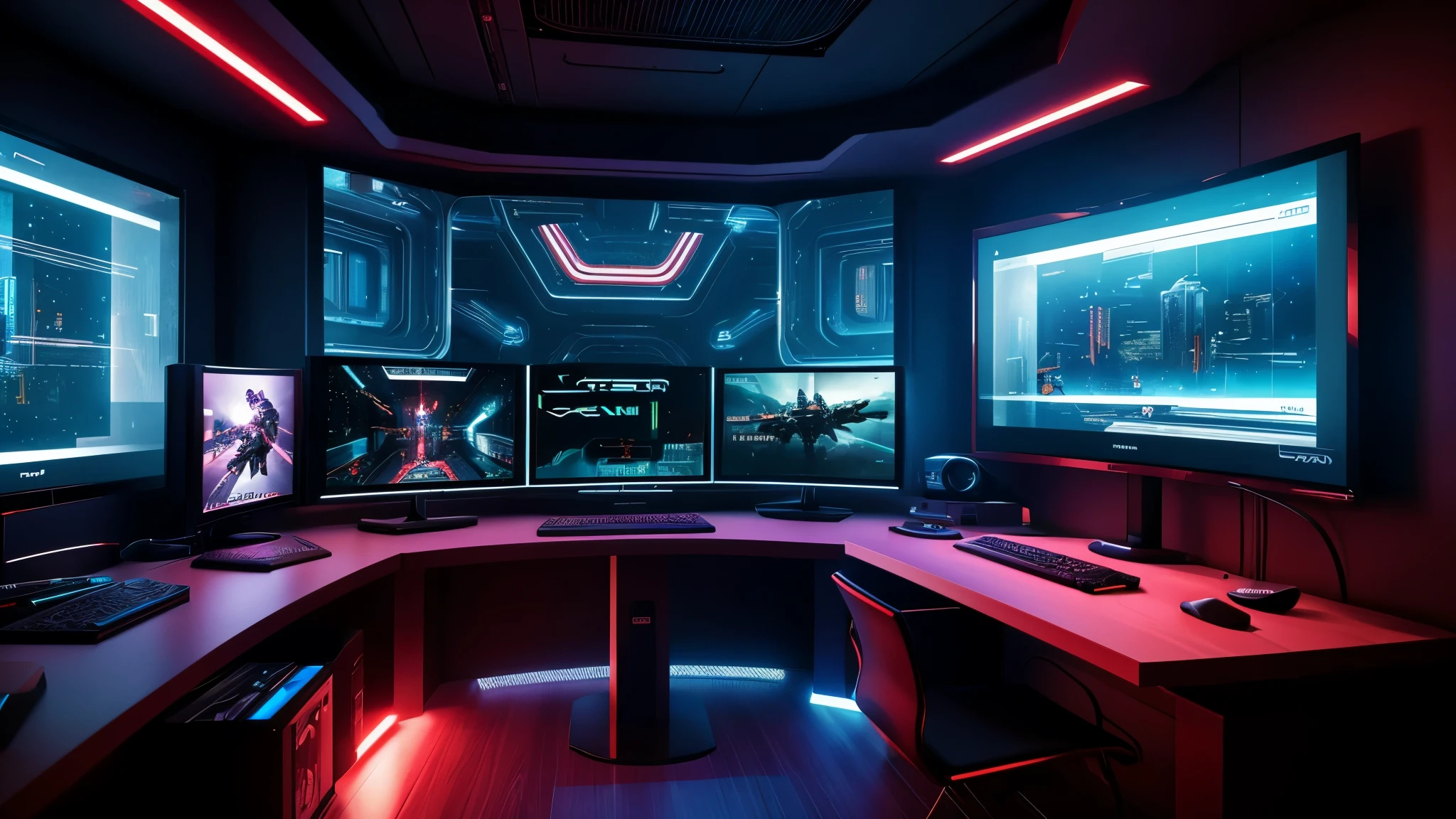 scifi, cyberpunk, futuristic, pc gaming room, hightech, daylight, very cozy, much space, wide angle, a lot of tech, 3 flat curved monitors, monitor ratio 21:9, monitor size 34 zoll, realistic view, ambient light, chilled ambient, year 2124, cinematic