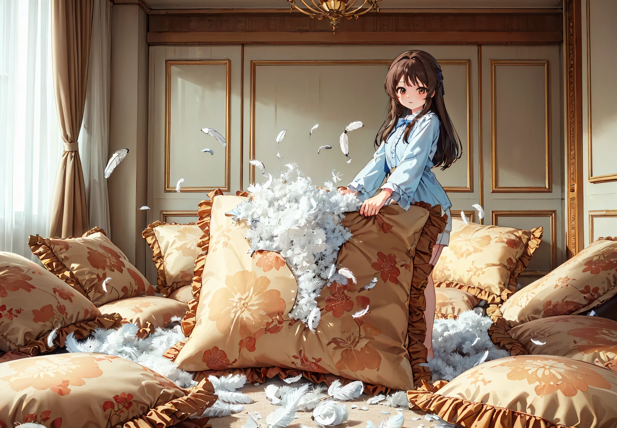 (best quality， masterpiece) , details, (Light and shadow oxtail) , Cute girl posing on pillow ，Pillow, Upholstered，Soft pillow，（Pillow），The love surrounding the protagonist，steam，(Luxury Pillow），（Gorgeous pattern pillow），luxurious pillow, standing,（Love around the protagonist），（pillow）, frilled pillow   , 1 pillow, standing on a top of pillow, on pillow, big pillow, fluffy pillow, pillow damage, stomping pillow, stomping, pillow on floor, stepping on pillow, posing on top pillow, full body, pillow on floor, (((feathers))), pillow destroy, ripping pillow, tearing pillow in half, feathers everywhere, cotton, stuffing pillow, tachibana_arisu_theidolmastercinderellagirlsu149, brown_hair, long_hair, brown_eyes, bow, hair_bow, blue_bow, bangs