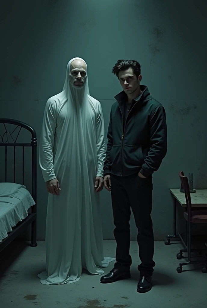 ben y Klaus Hargreeves (from the series the umbrella academy) in a room at an addiction rehabilitation center (dismal)