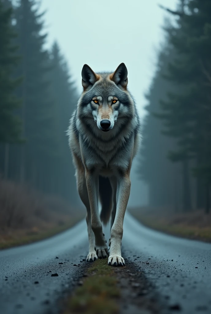 A wolf, walking on its hind legs, standing upright, crossed the road.