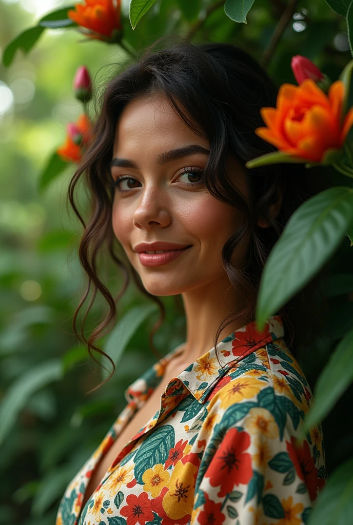A Brazilian woman in a lush tropical garden, wearing an open shirt with a floral print, with a close-up capturing the harmonious beauty between her breasts and the natural flowers, showing off your natural charm and outgoing personality.