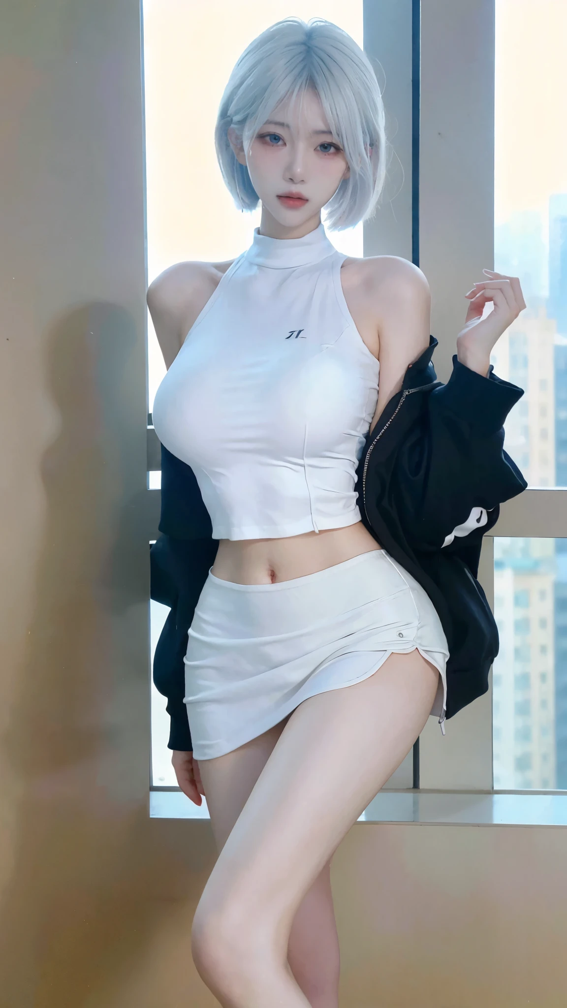 Beautiful woman with perfect figure:1.4,4K,Yoga background,Ultra-high resolution,Seductive laughter,White Legs,(Lifelike:1.4),Layered hairstyle,White skin,Yoga Clothing,whole body,Very delicate face and skin texture,Double eyelids,Skin Whitening,White hair,