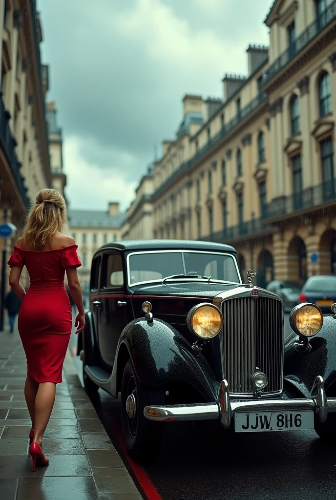 Black vintage car on London streets with cloudy sky about to rain with blonde woman in elegant red vintage style off shoulder dress walking on left sidewalk opposite side of car