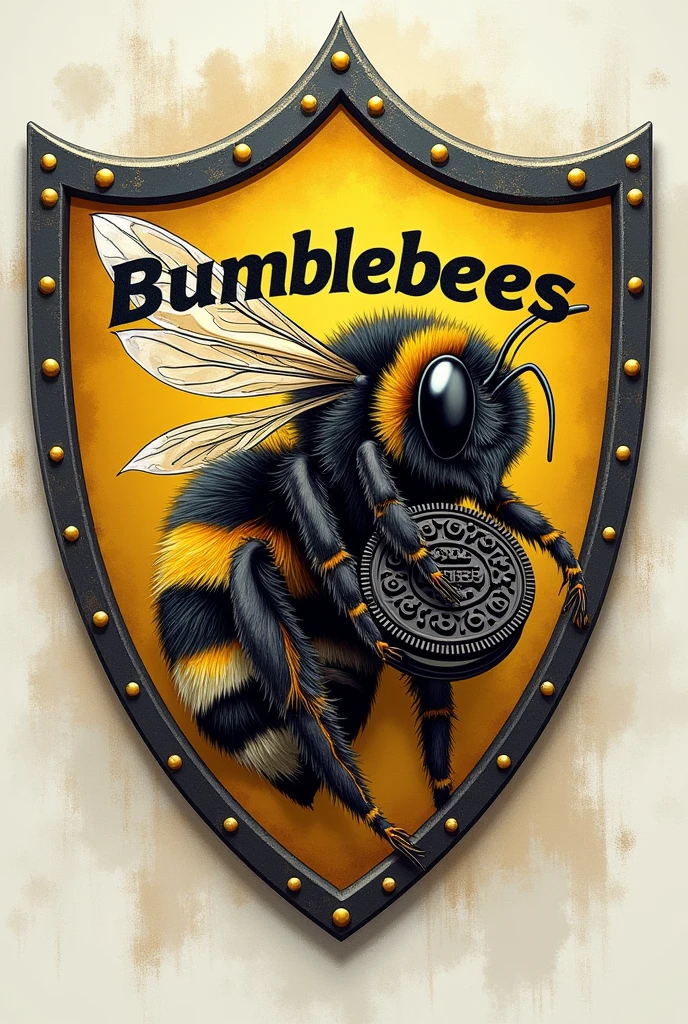 A football shield containing the word BUMBLEBEES, And have a bee with an oreo cookie