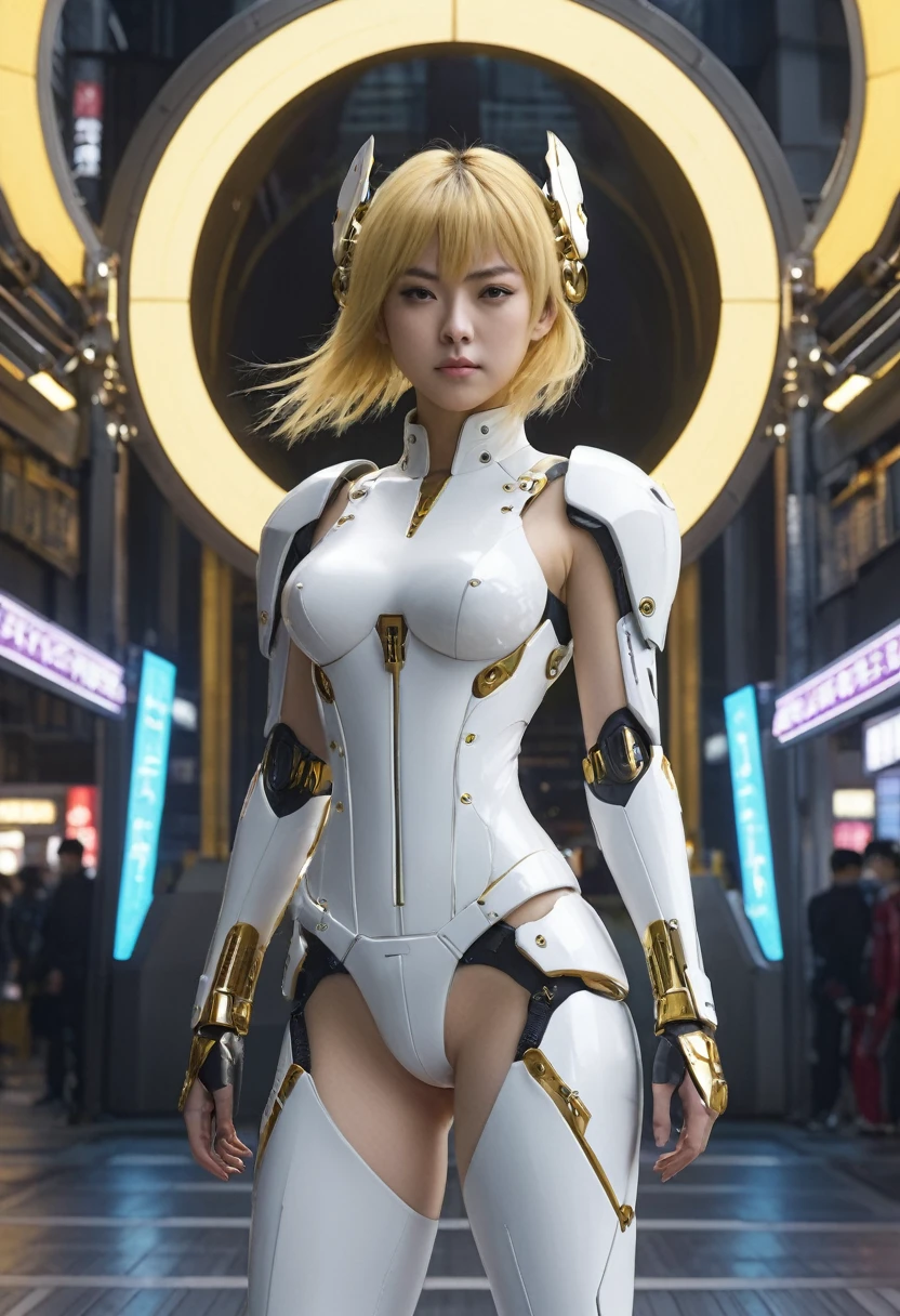 ((masterpiece, Highest quality, Best image quality, High resolution, Realistic, RAW Photos, 8k)), ((Highly detailed CG synthesis 8k wallpaper)), (((ghost in the Shell)))、(((Atsuko Tanaka and Motoko Kusanagi)))、A dream collaboration、Japanese、、Tachikoma、Cyber World、(So hot and beautiful、Beautiful feet、Incredible beauty, Perfect Proportions)、masterpiece、High resolution、Japanese、1 young girlyears old、blohot、Corrosive、reflection、Ray Tracing、Demo Theme、compass、golden ring、Holiness、Cyber Effects、長いblondeの髪、Golden Disk Device、Purple glowing reactor、Golden Light Straight Head、alone、alone、White and gold decorated mecha girl、Wearing white、Futuristic Bodysuit Dress、white greek dress、Golden decoration、黄金のwing decoration、wing decoration、Hair decoration、Golden wing head decoration、白いwing decoration、Mechanical Ear Cuff、Futuristic circular ear cuff、Mechanical Harrow、Hello Star、White Futuristic Body Armor、Complex futuristic bodysuit、Mecha Corset、Stylish futuristic armor、Future Wing Gadget、Left and right disk units、Two complex futuristic flight plate gadgets、Futuristic gadget with left and right discs、Shining Futuristic Wing Core、blonde、Hair between the eyes、Golden Hair、Starry Sky、Rainbow Eyes、Shining Eyes、Eye Imprint、Random facial expressions、Random Actions、Starry Sky、Skyline