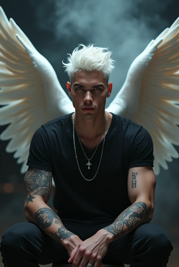Young
Man white hair perfect body setting on the chair and have tattoos with black t-shirt and necklace like a fairy face smooth skin pink lips and dark smoke background and have a big wings of an angel at the back
