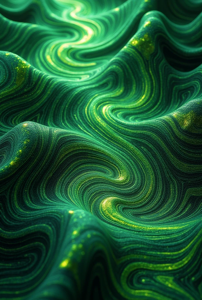 Generate an image with psychedelic wavy patterns resembling damascus steel in shades of green
