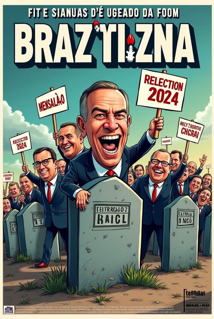 Create a newspaper cover: A cartoon of politicians rising from graves labeled with corruption scandals like “Mensalão”, “Petrolão” and “CPI of NGOs”, everyone with smiles and holding “Reelection 2024” signs Brazil